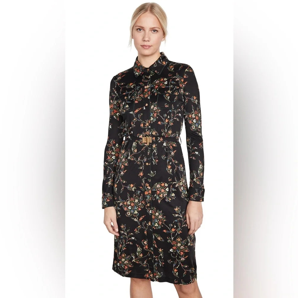 NWT $498 Tory Burch Printed Jersey Shirtdress In Black Sacred Floral